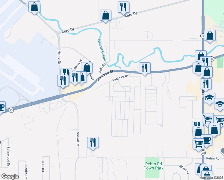 map of restaurants, bars, coffee shops, grocery stores, and more near 4 Tadio Parkway in Buffalo