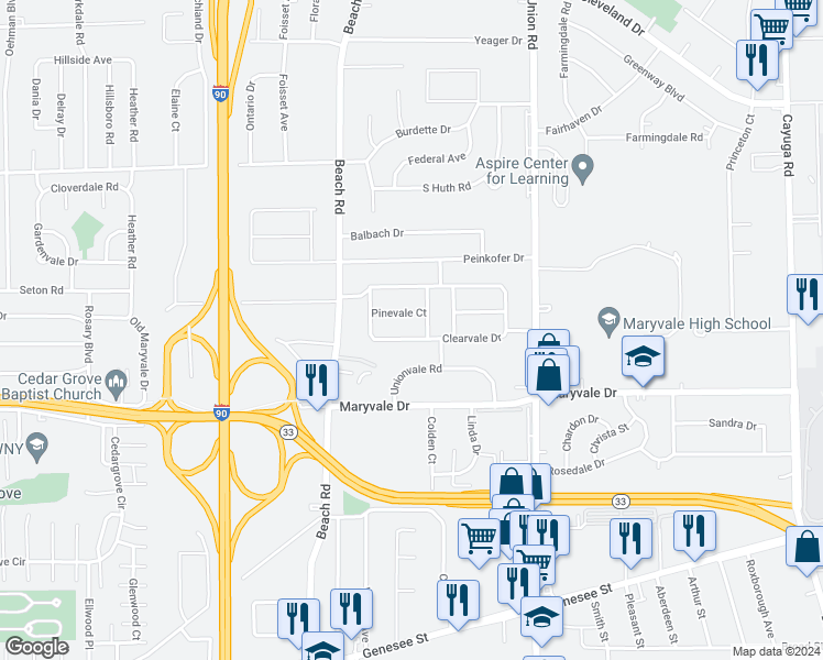 map of restaurants, bars, coffee shops, grocery stores, and more near 83 Clearvale Drive in Buffalo