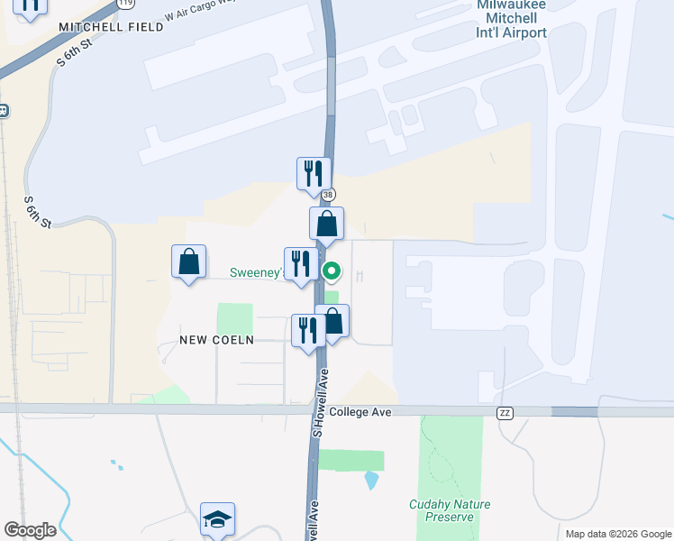 map of restaurants, bars, coffee shops, grocery stores, and more near 6050 South Howell Avenue in Milwaukee