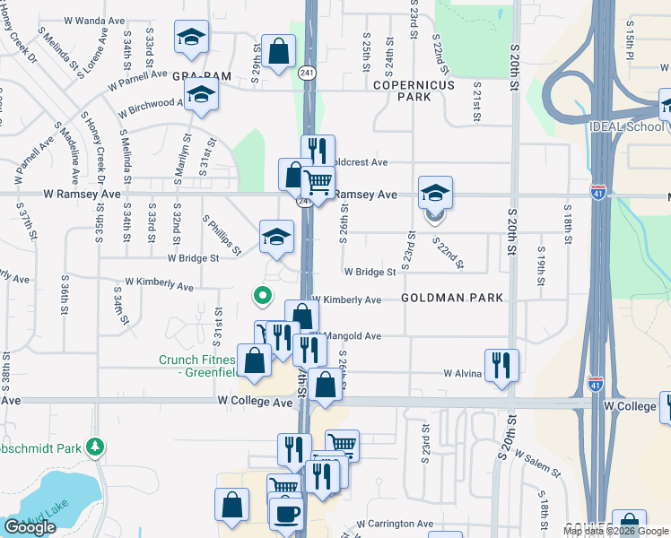 map of restaurants, bars, coffee shops, grocery stores, and more near 2531 West Bridge Street in Milwaukee