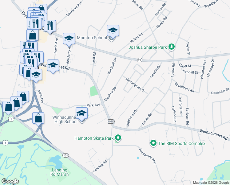 map of restaurants, bars, coffee shops, grocery stores, and more near 9 Moulton Road in Hampton