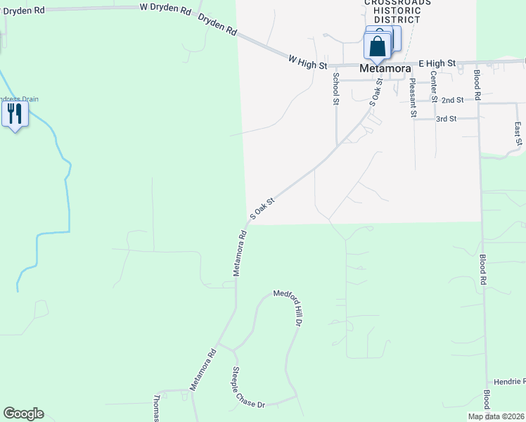 map of restaurants, bars, coffee shops, grocery stores, and more near South Oak Street in Metamora