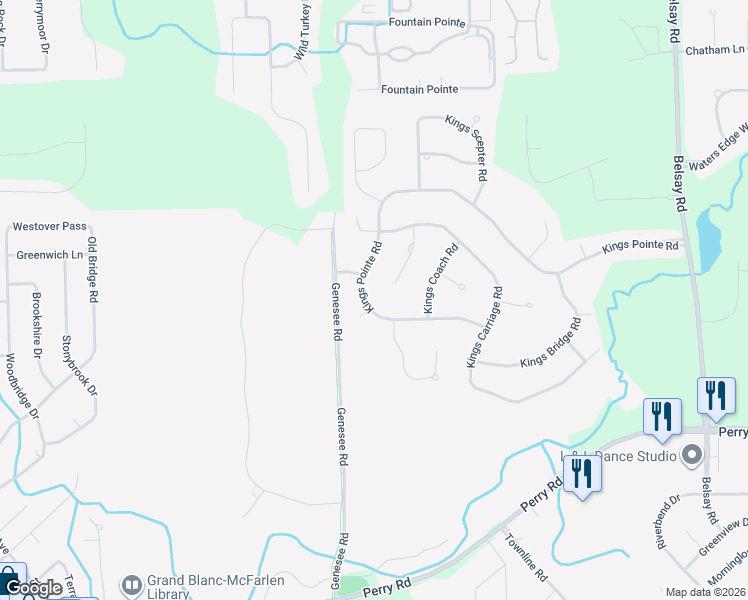 map of restaurants, bars, coffee shops, grocery stores, and more near 1385 Kings Crest Circle in Grand Blanc