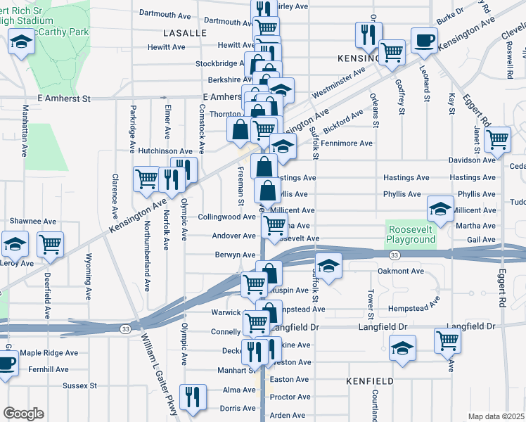 map of restaurants, bars, coffee shops, grocery stores, and more near Bailey Ave & Millicent Ave in Buffalo