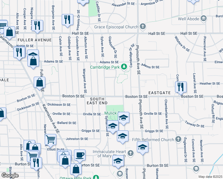 map of restaurants, bars, coffee shops, grocery stores, and more near 1611 Boston Street Southeast in Grand Rapids