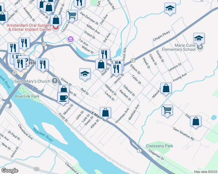 map of restaurants, bars, coffee shops, grocery stores, and more near 78 James Street in Amsterdam