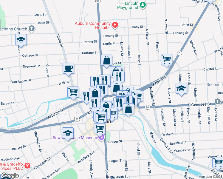 map of restaurants, bars, coffee shops, grocery stores, and more near 9 Arterial West in Auburn