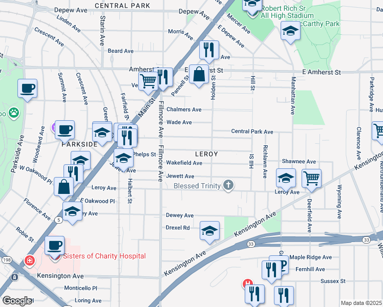 map of restaurants, bars, coffee shops, grocery stores, and more near 60 Wakefield Avenue in Buffalo