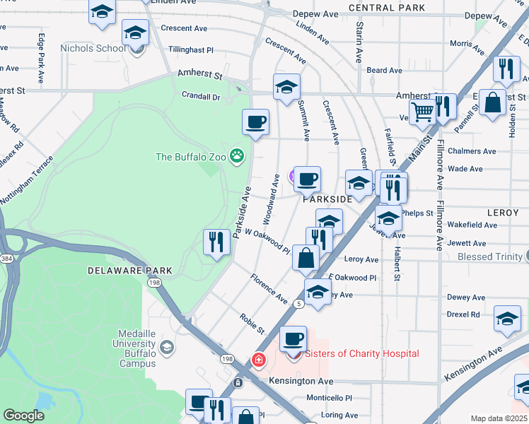 map of restaurants, bars, coffee shops, grocery stores, and more near 127 West Oakwood Place in Buffalo