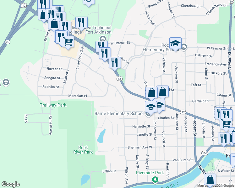 map of restaurants, bars, coffee shops, grocery stores, and more near 1225 Commonwealth Drive in Fort Atkinson