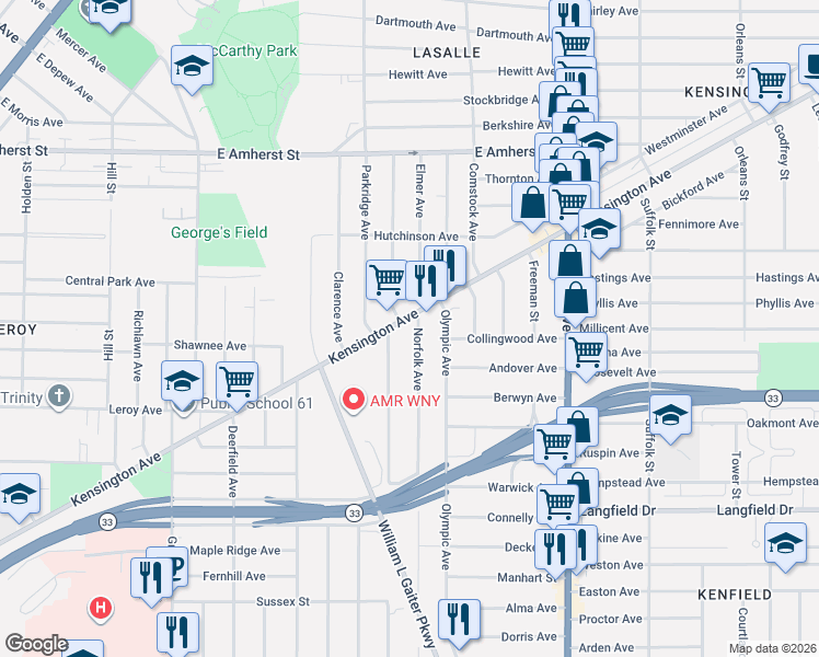 map of restaurants, bars, coffee shops, grocery stores, and more near 919 Kensington Avenue in Buffalo