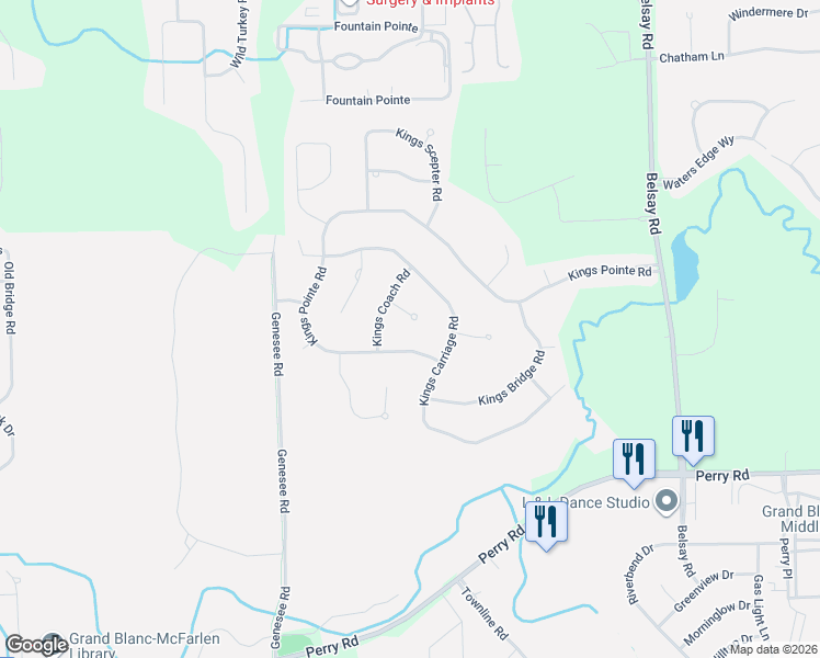 map of restaurants, bars, coffee shops, grocery stores, and more near 1484 Kings Pointe Road in Grand Blanc