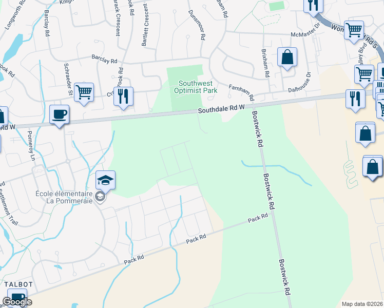 map of restaurants, bars, coffee shops, grocery stores, and more near 3095 Bostwick Road in London