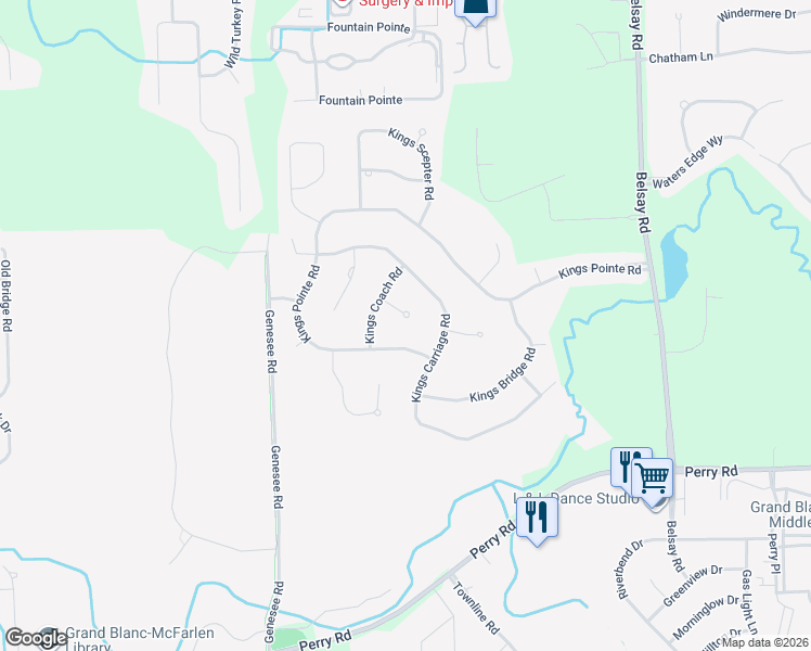 map of restaurants, bars, coffee shops, grocery stores, and more near 1484 Kings Pointe Road in Grand Blanc