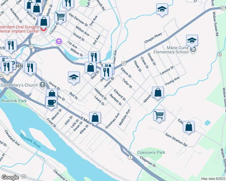 map of restaurants, bars, coffee shops, grocery stores, and more near 21 Pulaski Street in Amsterdam