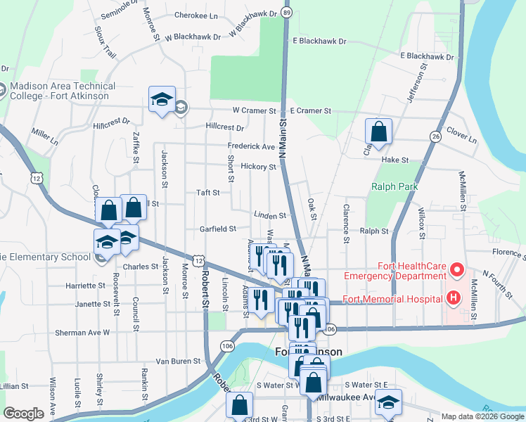 map of restaurants, bars, coffee shops, grocery stores, and more near 514 Adams Street in Fort Atkinson