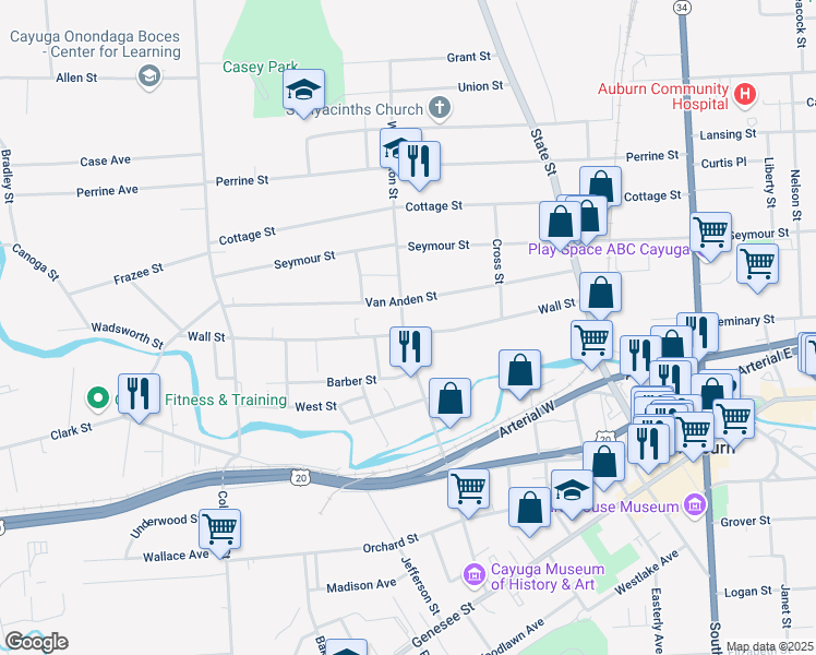 map of restaurants, bars, coffee shops, grocery stores, and more near 69 Wall Street in Auburn