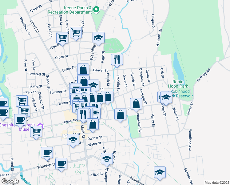 map of restaurants, bars, coffee shops, grocery stores, and more near 139 Roxbury Street in Keene
