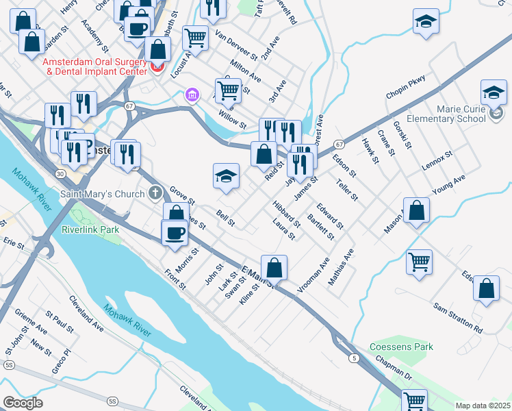 map of restaurants, bars, coffee shops, grocery stores, and more near 54 Jay Street in Amsterdam