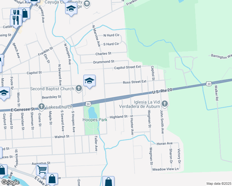 map of restaurants, bars, coffee shops, grocery stores, and more near 254 East Genesee Street in Auburn