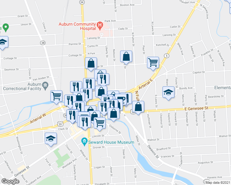 map of restaurants, bars, coffee shops, grocery stores, and more near 25 Arterial West in Auburn