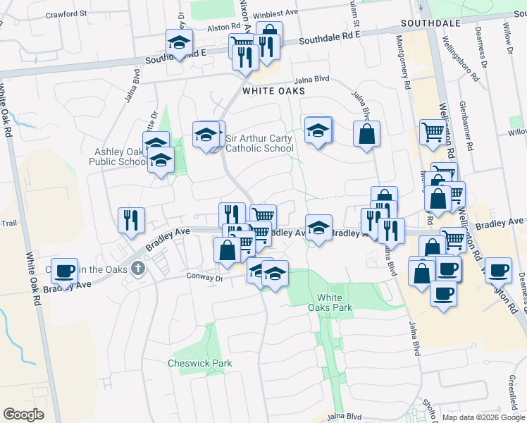 map of restaurants, bars, coffee shops, grocery stores, and more near 1580 Bradley Avenue in London