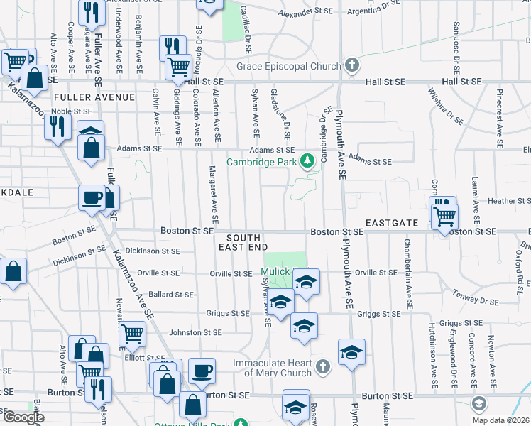 map of restaurants, bars, coffee shops, grocery stores, and more near 1611 Boston Street Southeast in Grand Rapids
