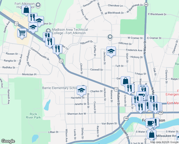 map of restaurants, bars, coffee shops, grocery stores, and more near 734 Madison Avenue in Fort Atkinson