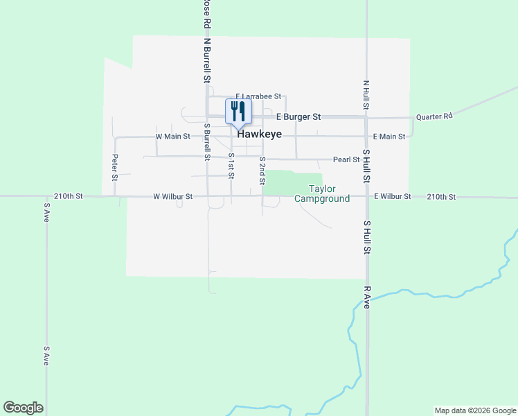 map of restaurants, bars, coffee shops, grocery stores, and more near 498 South 2nd Street in Hawkeye