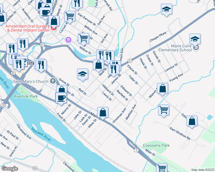 map of restaurants, bars, coffee shops, grocery stores, and more near 71 James Street in Amsterdam