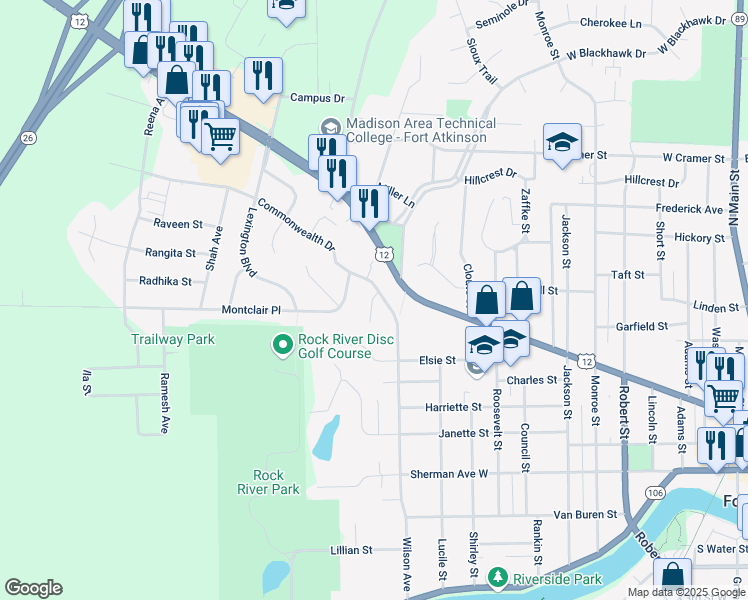 map of restaurants, bars, coffee shops, grocery stores, and more near 1230 Commonwealth Drive in Fort Atkinson