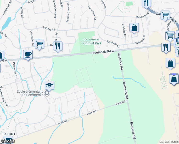 map of restaurants, bars, coffee shops, grocery stores, and more near 3095 Bostwick Road in London