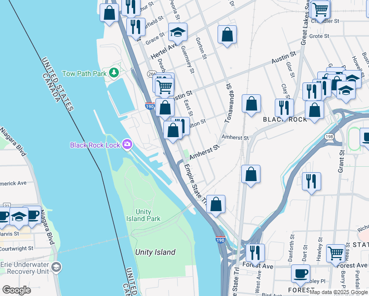 map of restaurants, bars, coffee shops, grocery stores, and more near 243 Dearborn Street in Buffalo