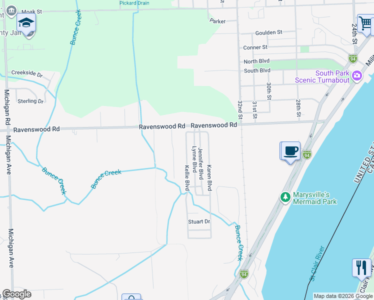 map of restaurants, bars, coffee shops, grocery stores, and more near 3397 Ravenswood Road in Marysville