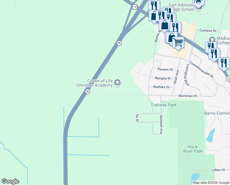 map of restaurants, bars, coffee shops, grocery stores, and more near 1656 Montclair Place in Fort Atkinson