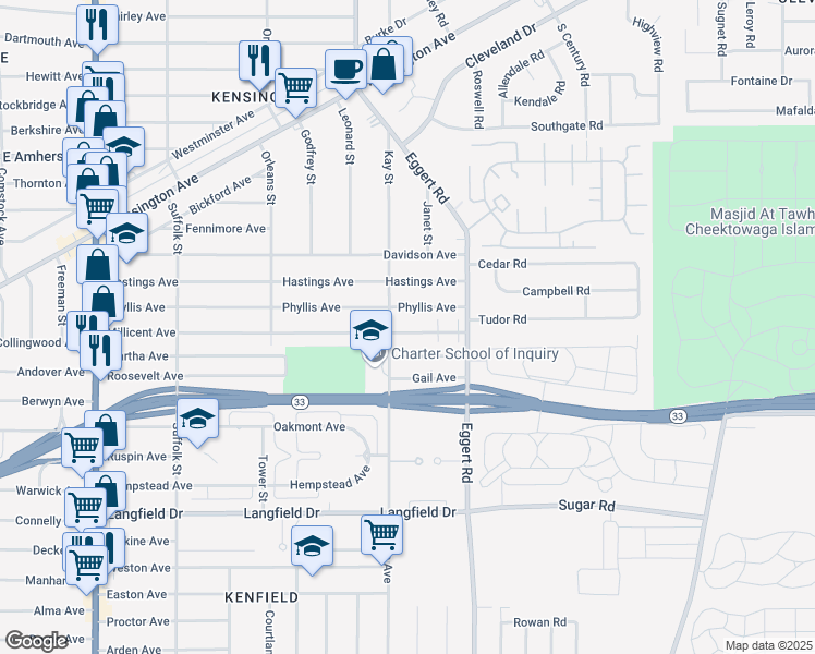 map of restaurants, bars, coffee shops, grocery stores, and more near 332 Millicent Avenue in Buffalo