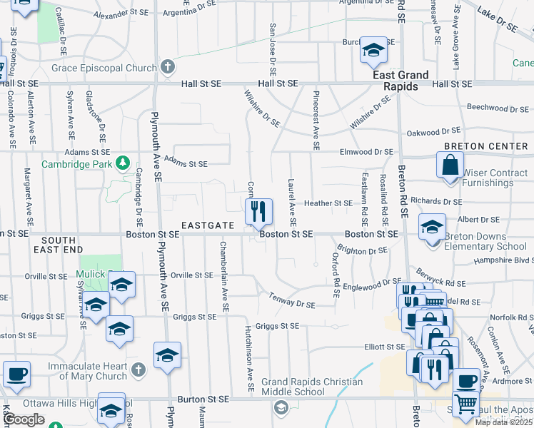 map of restaurants, bars, coffee shops, grocery stores, and more near 1506 Cornell Drive Southeast in Grand Rapids