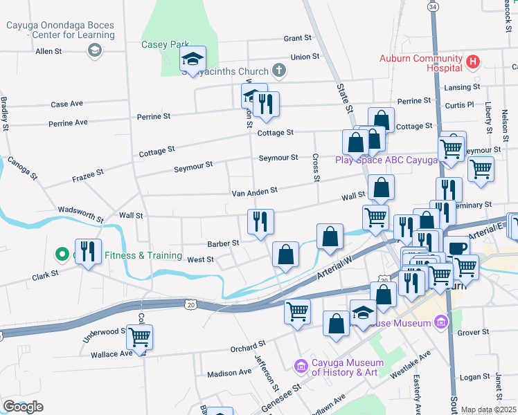 map of restaurants, bars, coffee shops, grocery stores, and more near 69 Wall Street in Auburn