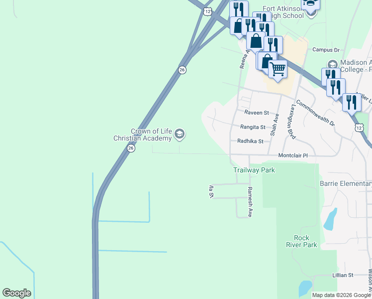 map of restaurants, bars, coffee shops, grocery stores, and more near 1656 Montclair Place in Fort Atkinson