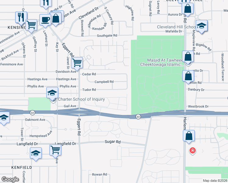 map of restaurants, bars, coffee shops, grocery stores, and more near 139 Campbell Road in Cheektowaga
