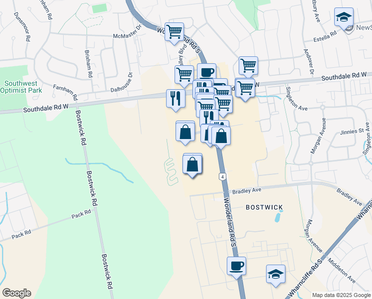 map of restaurants, bars, coffee shops, grocery stores, and more near 3075 Wonderland Road South in London