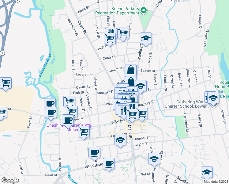 map of restaurants, bars, coffee shops, grocery stores, and more near 6 Summer Street in Keene