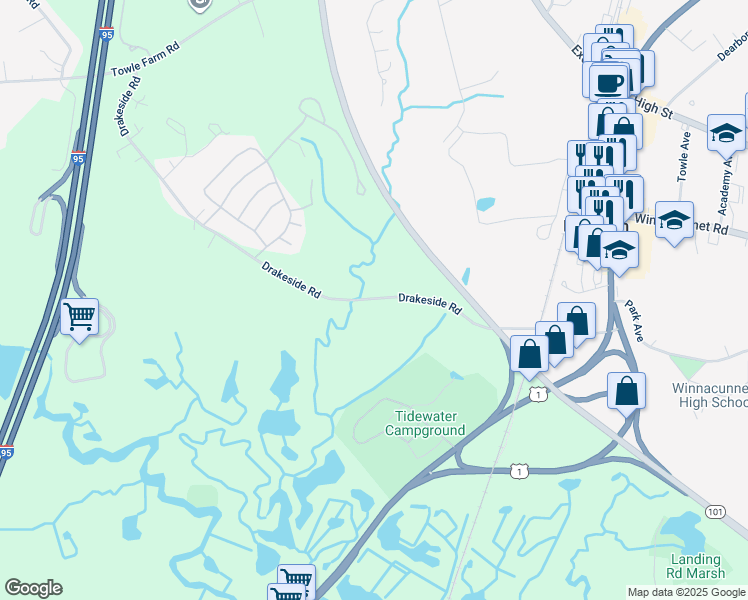 map of restaurants, bars, coffee shops, grocery stores, and more near Drakeside Road in Hampton