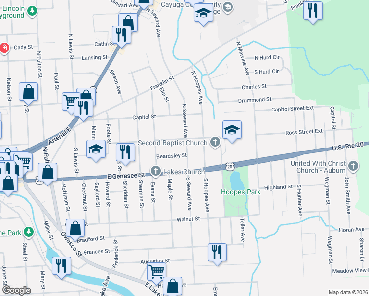 map of restaurants, bars, coffee shops, grocery stores, and more near 211 North Seward Avenue in Auburn
