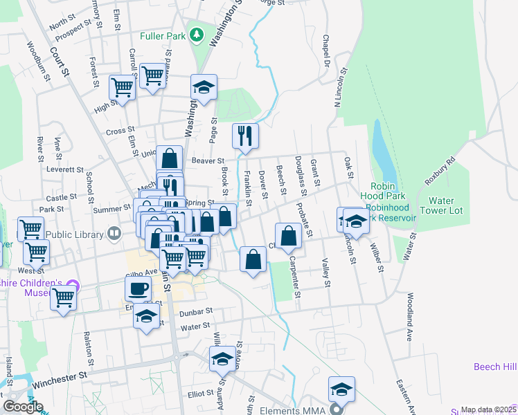 map of restaurants, bars, coffee shops, grocery stores, and more near 43 Franklin Street in Keene