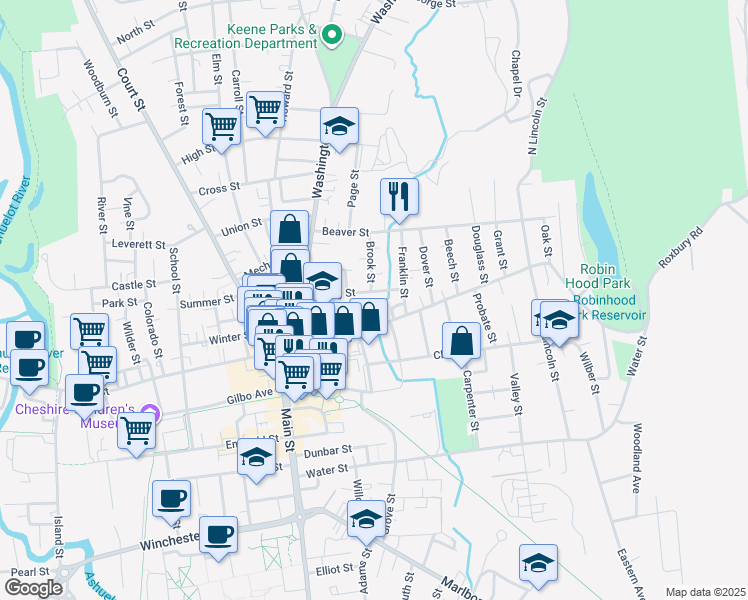 map of restaurants, bars, coffee shops, grocery stores, and more near 20 Brook Street in Keene