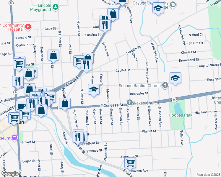 map of restaurants, bars, coffee shops, grocery stores, and more near 30 Morris Street in Auburn