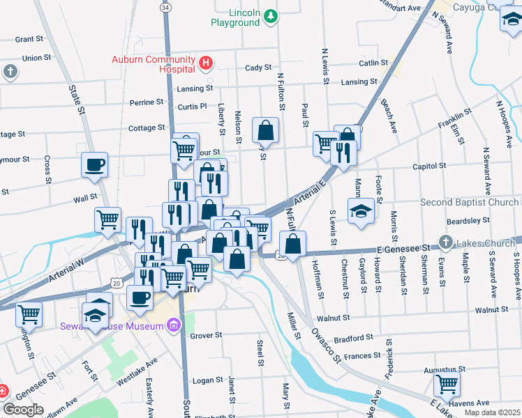 map of restaurants, bars, coffee shops, grocery stores, and more near 43 Seminary Street in Auburn