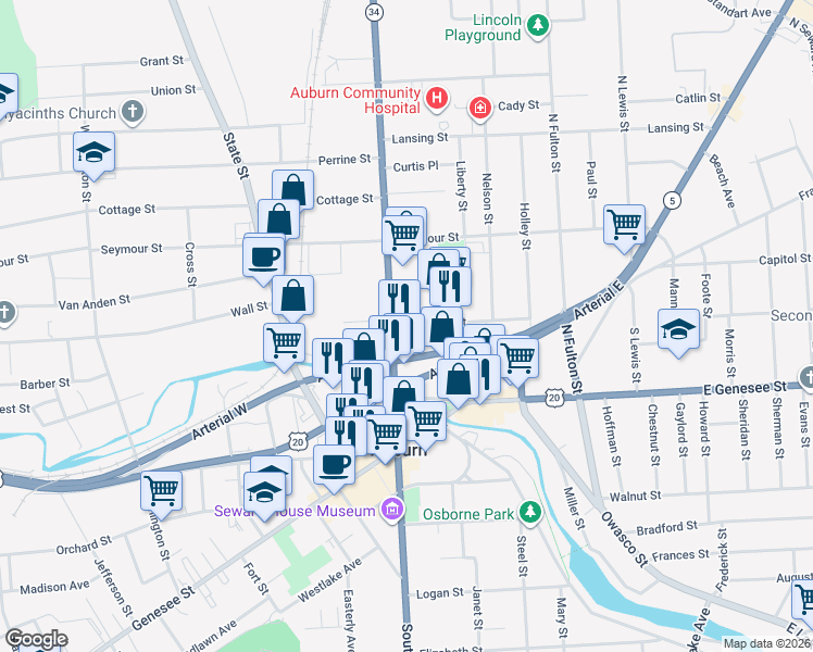 map of restaurants, bars, coffee shops, grocery stores, and more near in Auburn