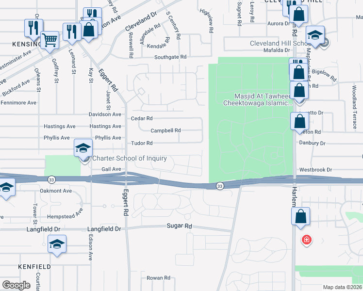 map of restaurants, bars, coffee shops, grocery stores, and more near 139 Campbell Road in Cheektowaga